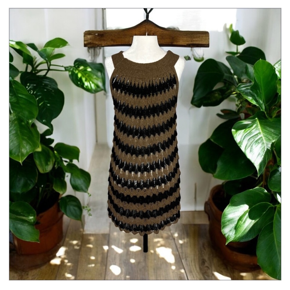 Gorgeous Crochet Knit Stripe -Black&Tan Dress-Festival-Boho- Beach  -EUC -SzM ☀️